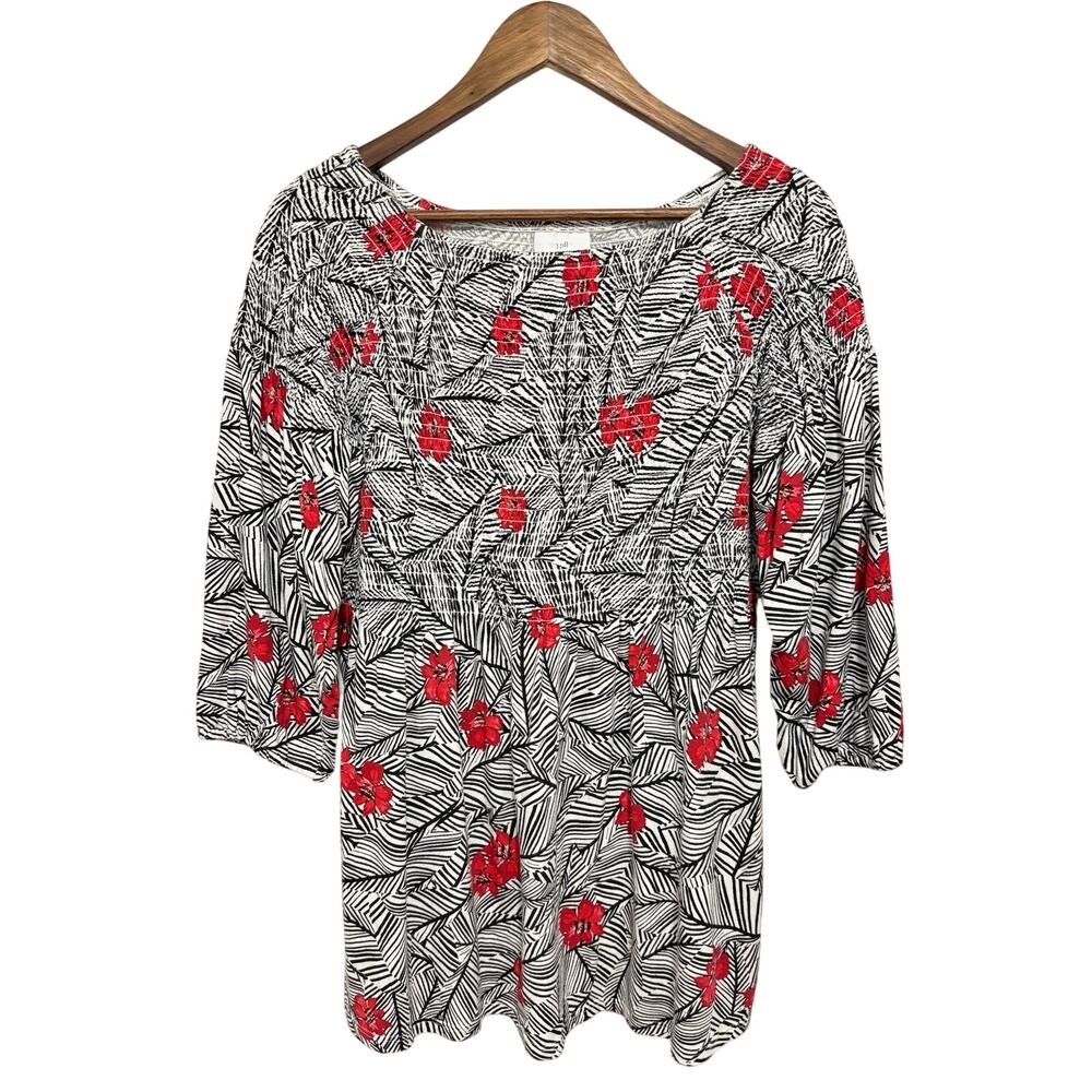 J Jill Medium Tropical Floral Smocked Tunic Top Black White Red 3/4 Sleeve